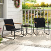 Two gray patio chairs with wood-plastic armrests and a square side table, perfect for outdoor conversation on a porch.