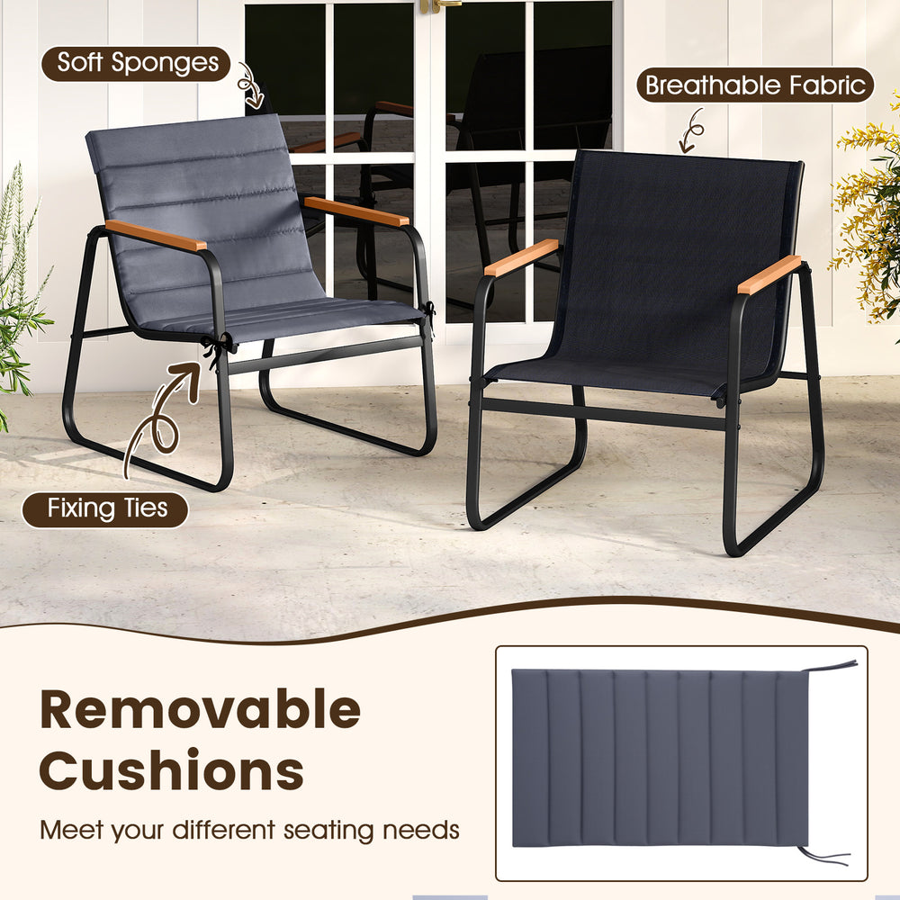 Two chairs with removable cushions and a square side table, featuring breathable fabric and wood-plastic armrests for.