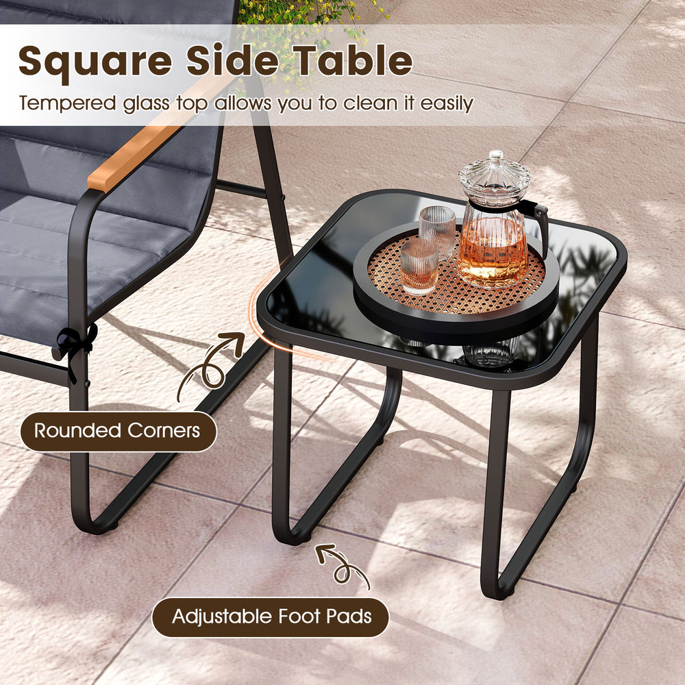 Square side table with tempered glass top and rounded corners, perfect for outdoor patio use and easy cleaning.