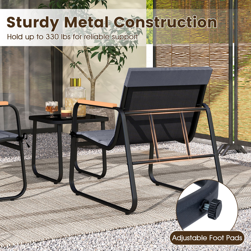 Gray patio bistro set featuring sturdy metal chairs with removable cushions and a square side table for outdoor comfort.