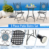 3 Piece Patio Bistro Set featuring a mosaic pattern, heavy-duty metal frame, and folding chairs for easy storage.