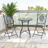Three-piece patio bistro set featuring a mosaic pattern, with folding chairs and a stable metal frame for outdoor use.