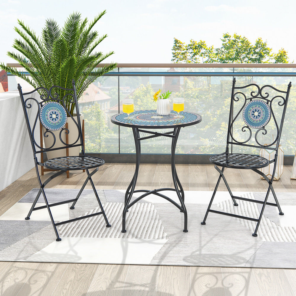 Three-piece patio bistro set featuring a mosaic pattern, with folding chairs and a stable metal frame for outdoor use.