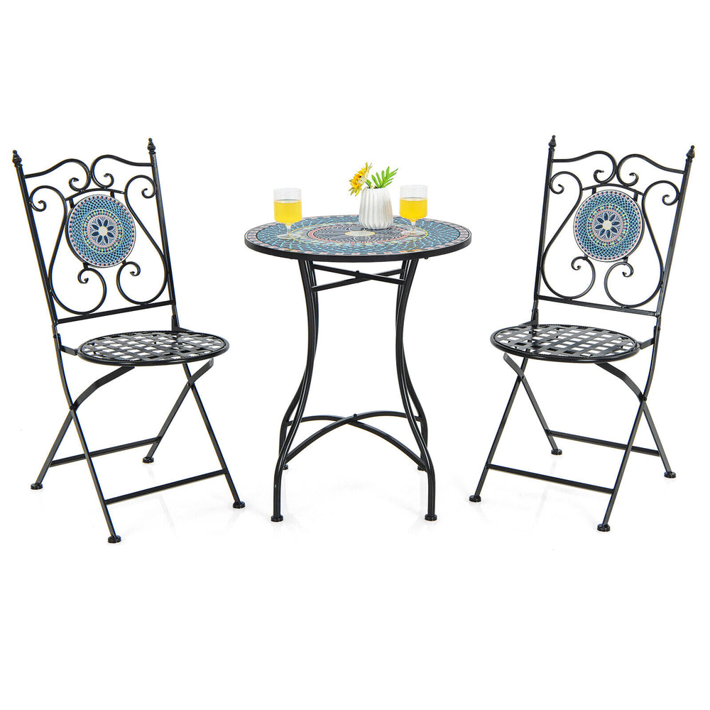 3-piece patio bistro set featuring a mosaic pattern table and folding chairs, perfect for indoor or outdoor use.