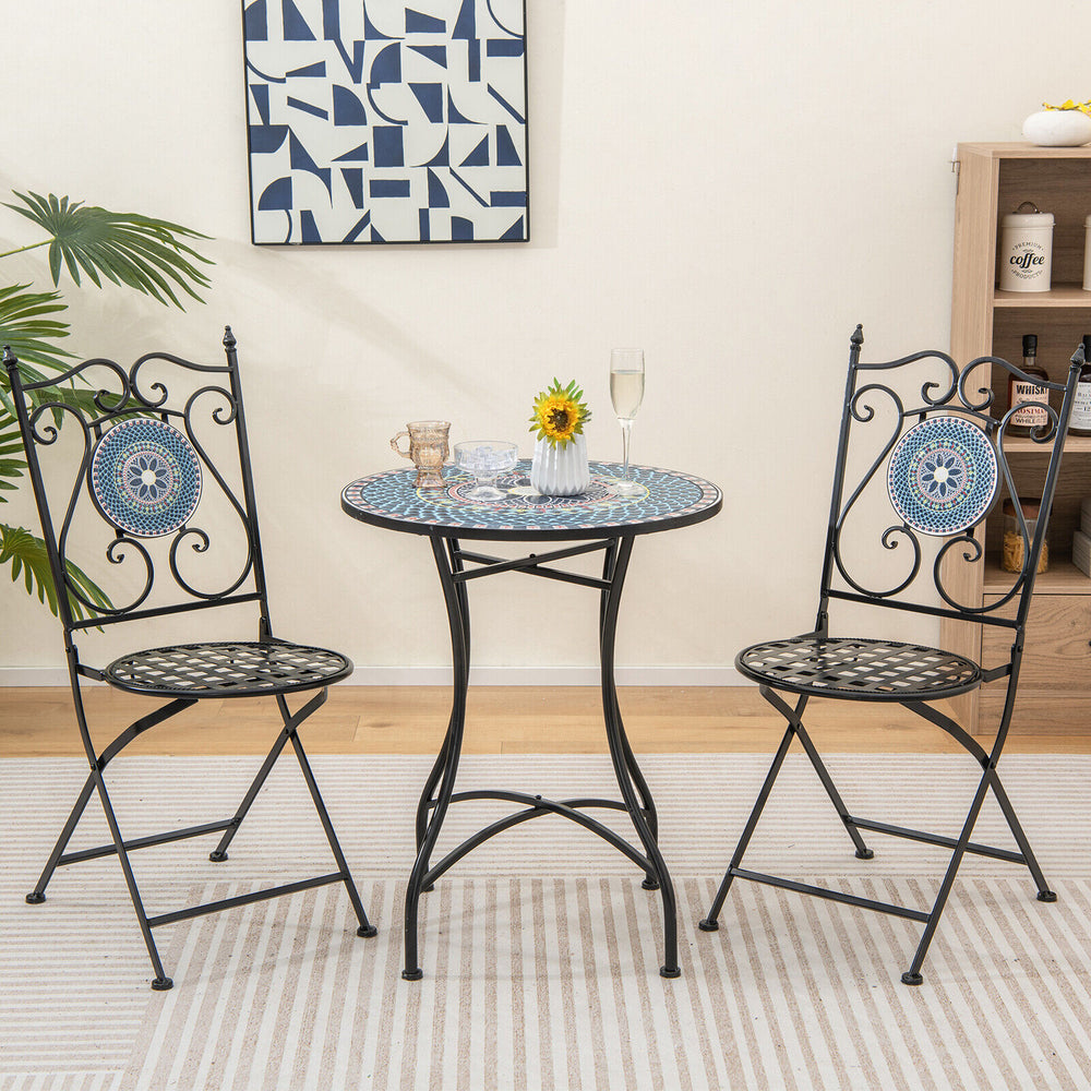 3-piece patio bistro set featuring a mosaic pattern, with folding chairs and a stable metal frame for indoor or outdoor.