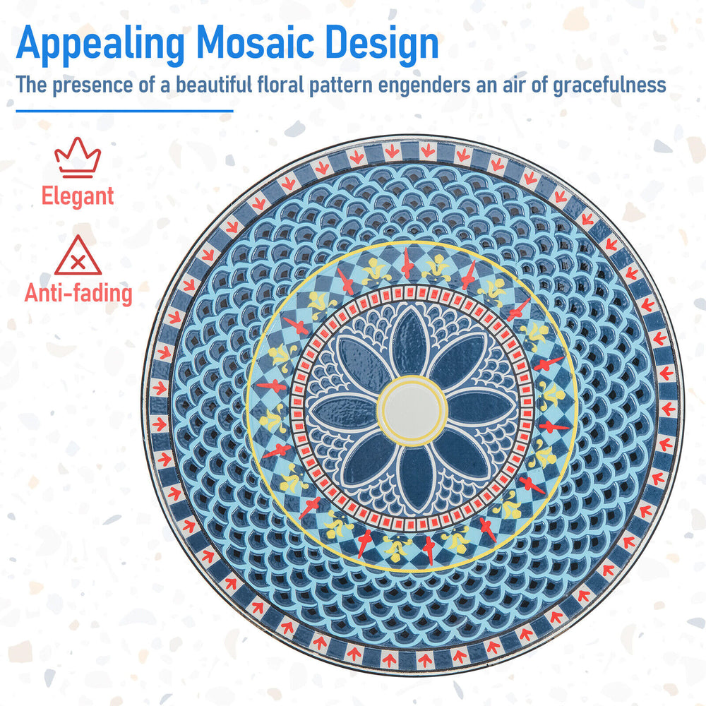 Mosaic-patterned tabletop of a 3-piece patio bistro set, featuring an elegant design for indoor and outdoor use.