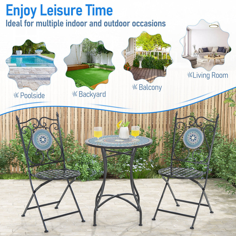 3 Piece Patio Bistro Set with Mosaic Pattern featuring folding chairs and a round table, perfect for indoor and outdoor.