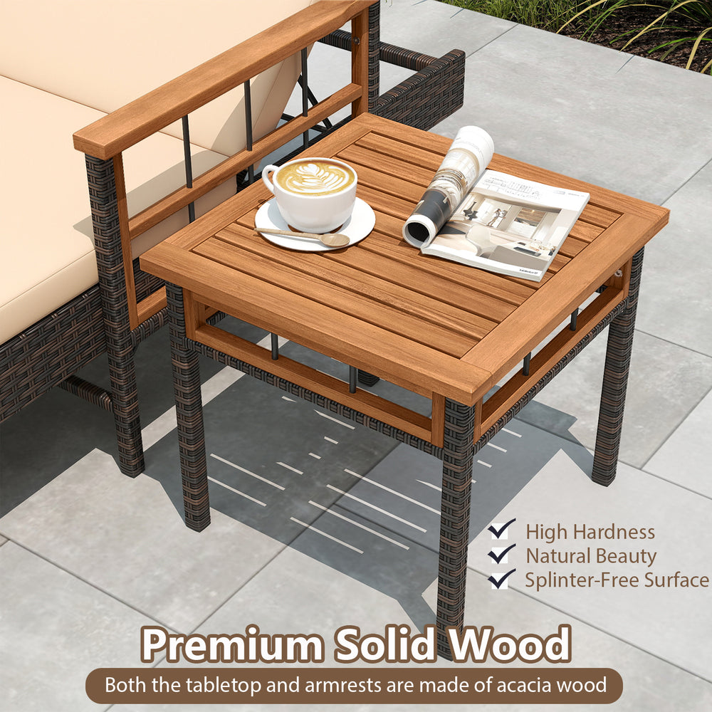 Acacia wood side table with a smooth surface, designed for the 3 pieces patio chaise lounge set, ideal for outdoor use.