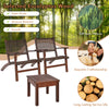 Outdoor wooden patio furniture set featuring two armchairs and a coffee table made of sturdy eucalyptus wood and rattan.