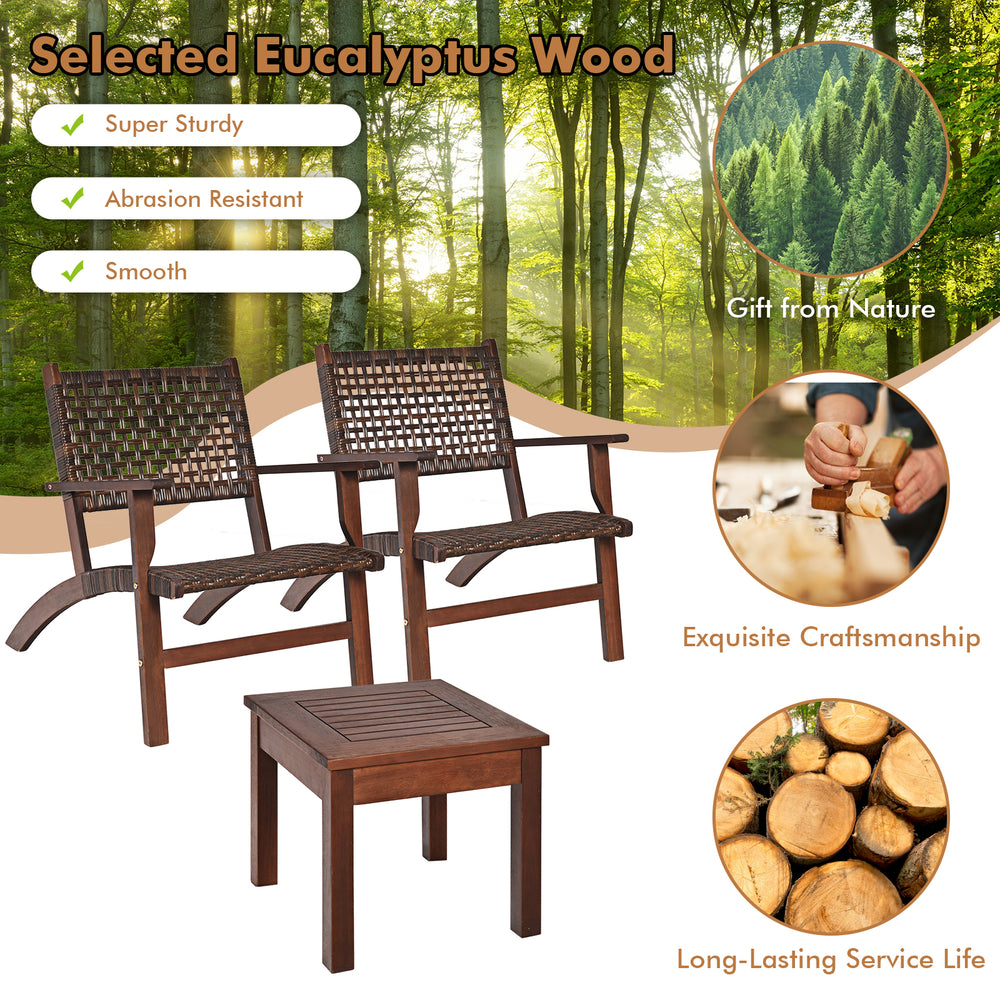 Outdoor wooden patio furniture set featuring two armchairs and a coffee table made of sturdy eucalyptus wood and rattan.