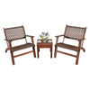 Two wooden armchairs with rattan seats and a solid wood coffee table, perfect for outdoor patio relaxation.
