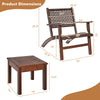 Dimensions of the 3 Pieces Outdoor Wooden Patio Rattan Furniture Set, featuring a sturdy chair and solid wood coffee.