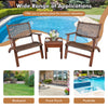 Outdoor wooden patio rattan furniture set featuring two armchairs and a coffee table, perfect for poolside relaxation.