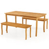 Acacia wood patio dining set featuring a spacious table and two benches, perfect for outdoor gatherings and relaxation.