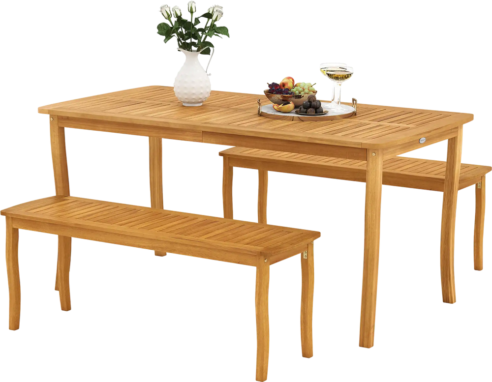 3 Pieces Patio Dining Set with Acacia Wood Outdoor Table and Benches
