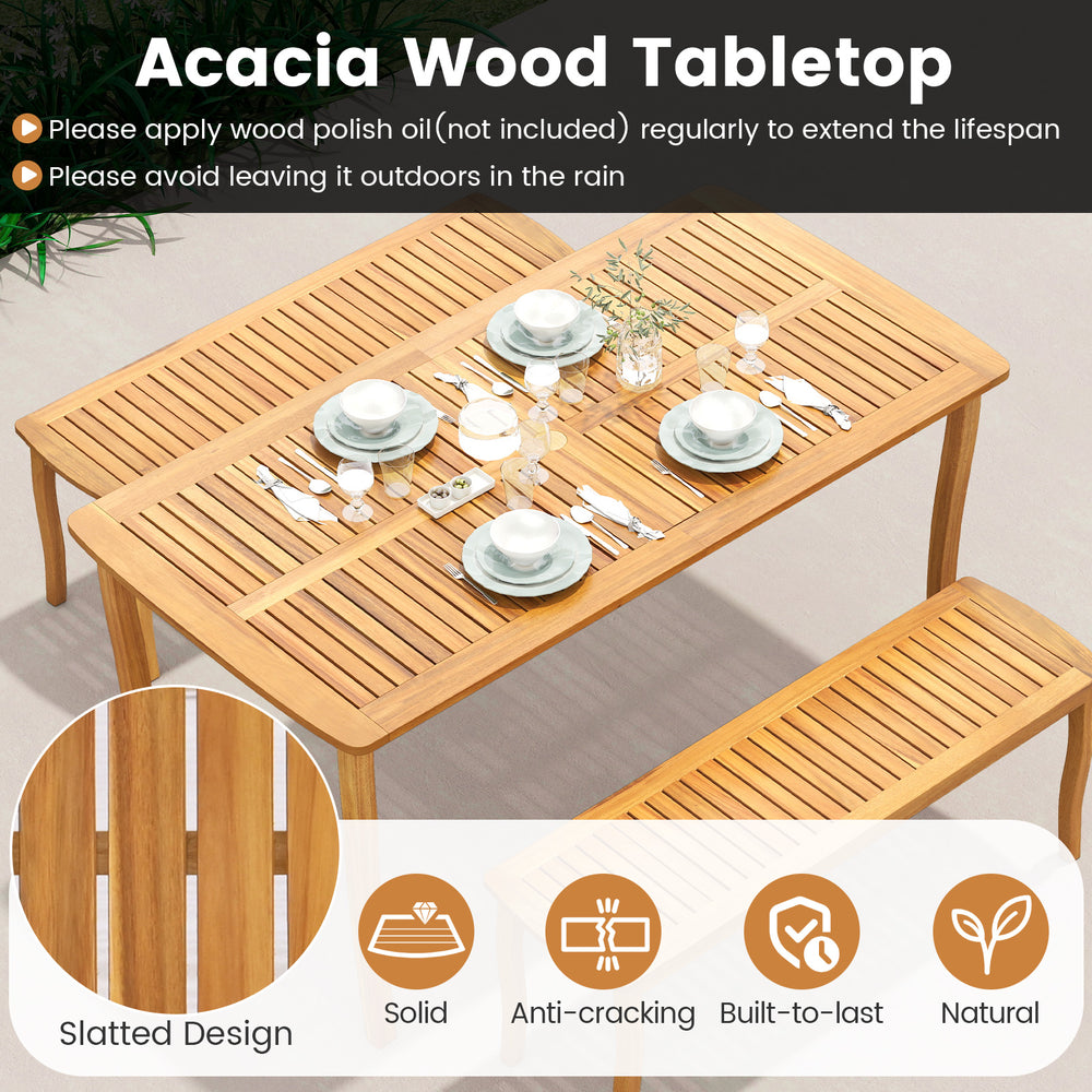 Acacia wood patio dining set featuring a slatted design, ideal for outdoor gatherings and accommodating six people.