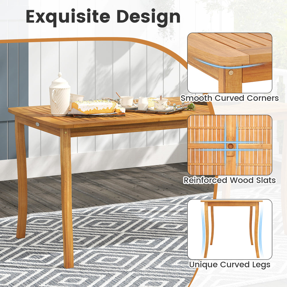 Acacia wood outdoor dining table featuring smooth curved corners and reinforced slats, perfect for patio gatherings.