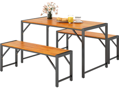 Costway 3-Pc Patio Dining Set Acacia Wood Table & 2 Benches 97246153 New