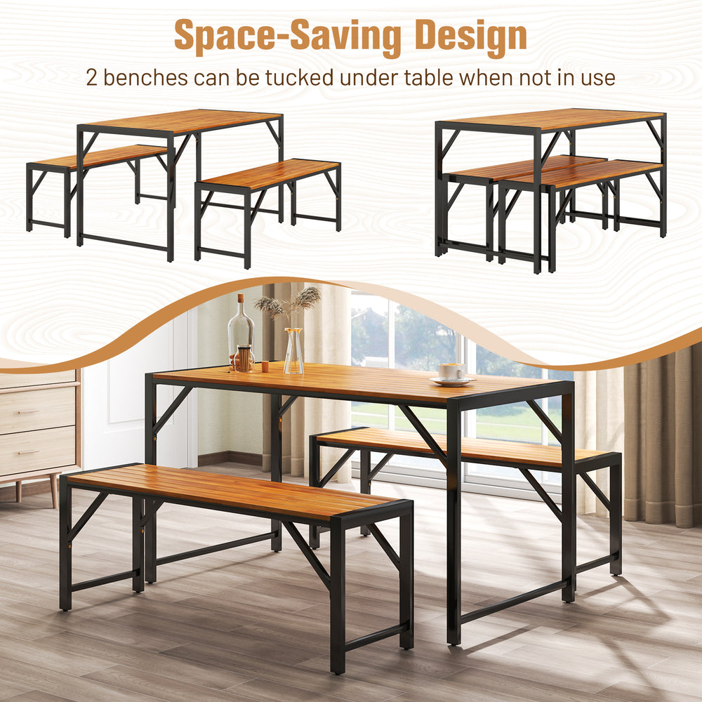3-piece patio dining set featuring an acacia wood table and 2 benches, designed for space-saving and durability.