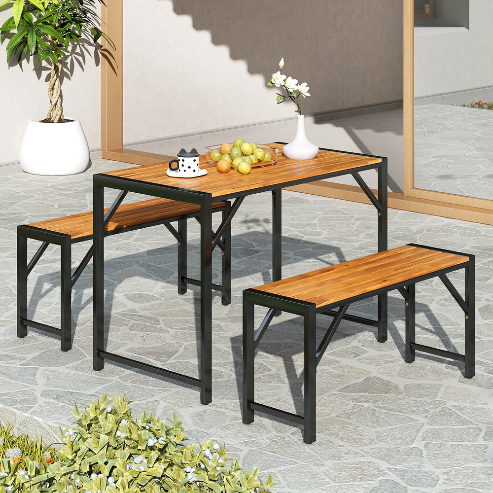 Rectangular patio dining set with acacia wood table and two benches, suitable for outdoor dining for 4 people.