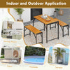 Rectangular acacia wood patio dining set with 2 benches, suitable for 4 people, ideal for outdoor and indoor use.