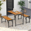 Rectangular patio dining set with acacia wood table and two benches, perfect for outdoor gatherings for 4 people.
