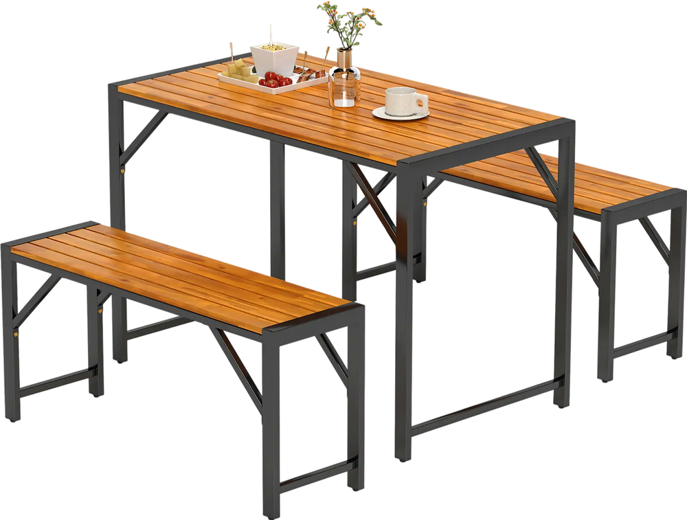 3 Pieces Patio Dining Set with Picnic Table and 2 Benches for 4 People