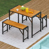 Patio dining set featuring a rectangular acacia wood table and two benches, perfect for outdoor gatherings.