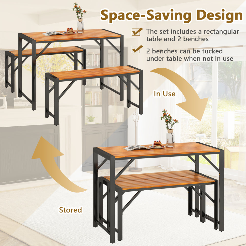 3-piece patio dining set featuring a rectangular acacia wood table and 2 benches, designed for space-saving storage.