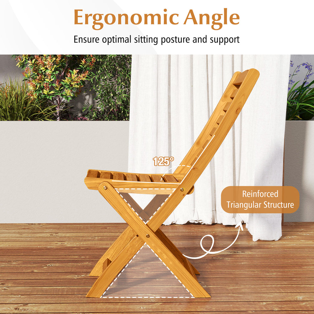 Side view of a folding acacia wood patio chair with ergonomic 125° angle and soft beige cushion for outdoor comfort.