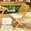 Cushioned seat of the acacia wood patio folding bistro set with fixing ties and convenient zipper for easy cleaning.