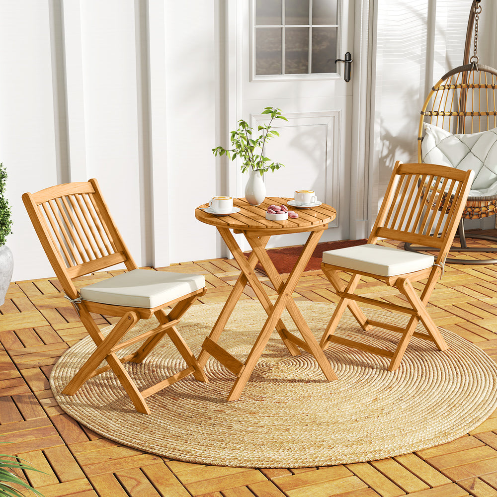 Acacia wood patio bistro set with beige cushions, featuring a folding design for easy storage, perfect for outdoor.