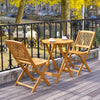 Acacia wood patio folding bistro set with beige cushions, perfect for outdoor dining on a balcony or porch.