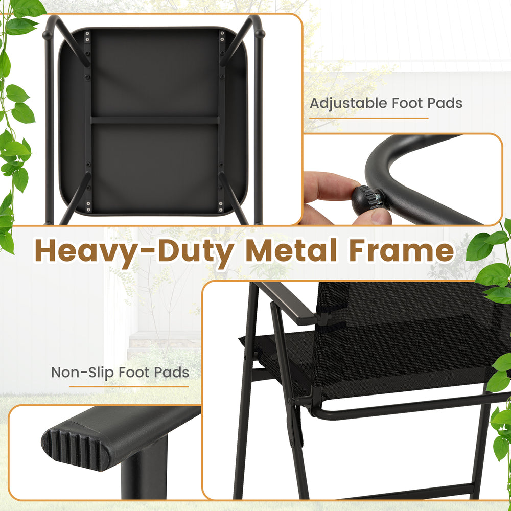 Heavy-duty metal frame of a patio folding chair with adjustable non-slip foot pads for outdoor comfort and stability.