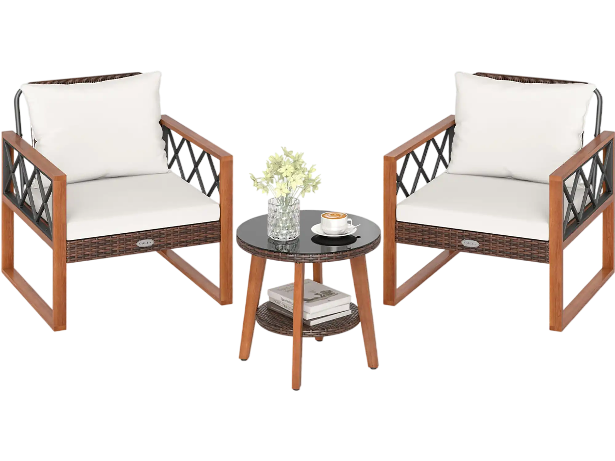 Costway 3-Piece Patio Furniture Set w/ Tempered Glass Table & Cushions 18542172 New
