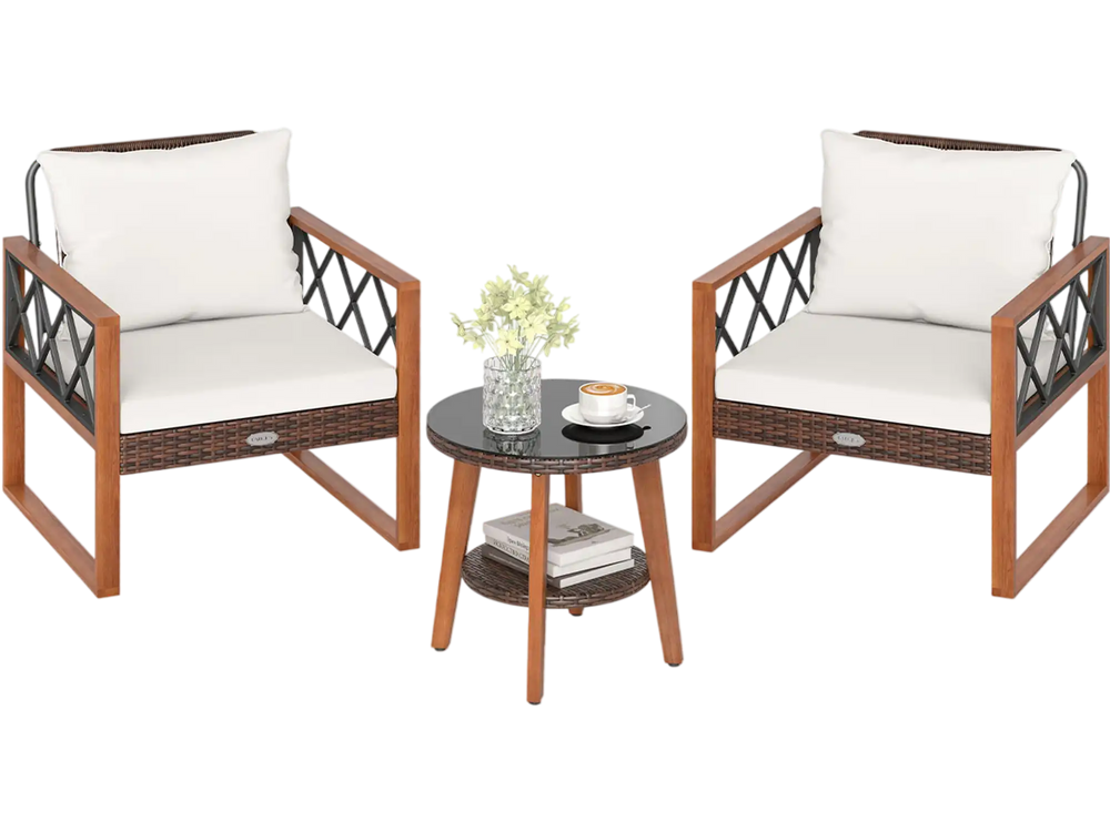 Two chairs with soft off-white cushions and a tempered glass top table, perfect for outdoor patio relaxation.