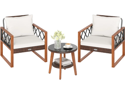 Costway 3-Piece Patio Furniture Set w/ Tempered Glass Table & Cushions 18542172 New