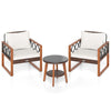 Two acacia wood chairs with off-white cushions and a tempered glass top table, perfect for outdoor patio relaxation.