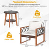 Patio chair with soft off-white cushions, sturdy acacia wood frame, and hand-woven PE rattan, ideal for outdoor.