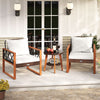 Two acacia wood chairs with off-white cushions and a tempered glass top table, perfect for outdoor relaxation.