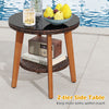 2-tier side table with tempered glass top and acacia wood legs, perfect for outdoor patio use and extra storage.