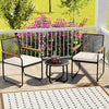Two patio chairs with acacia wood armrests and a round tempered glass table, perfect for outdoor relaxation.