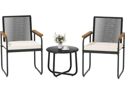 Costway 3-Piece PE Rattan Patio Furniture Set Porch Chairs Glass Top Table 67338804 New
