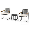 Two white patio chairs with acacia wood armrests and a round tempered glass table, perfect for outdoor relaxation.