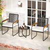 Two patio chairs with white cushions and acacia wood armrests beside a round glass-top table, perfect for outdoor.