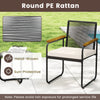 Hand-woven PE rattan patio chair with acacia wood armrests and sponge-filled cushion for outdoor comfort.