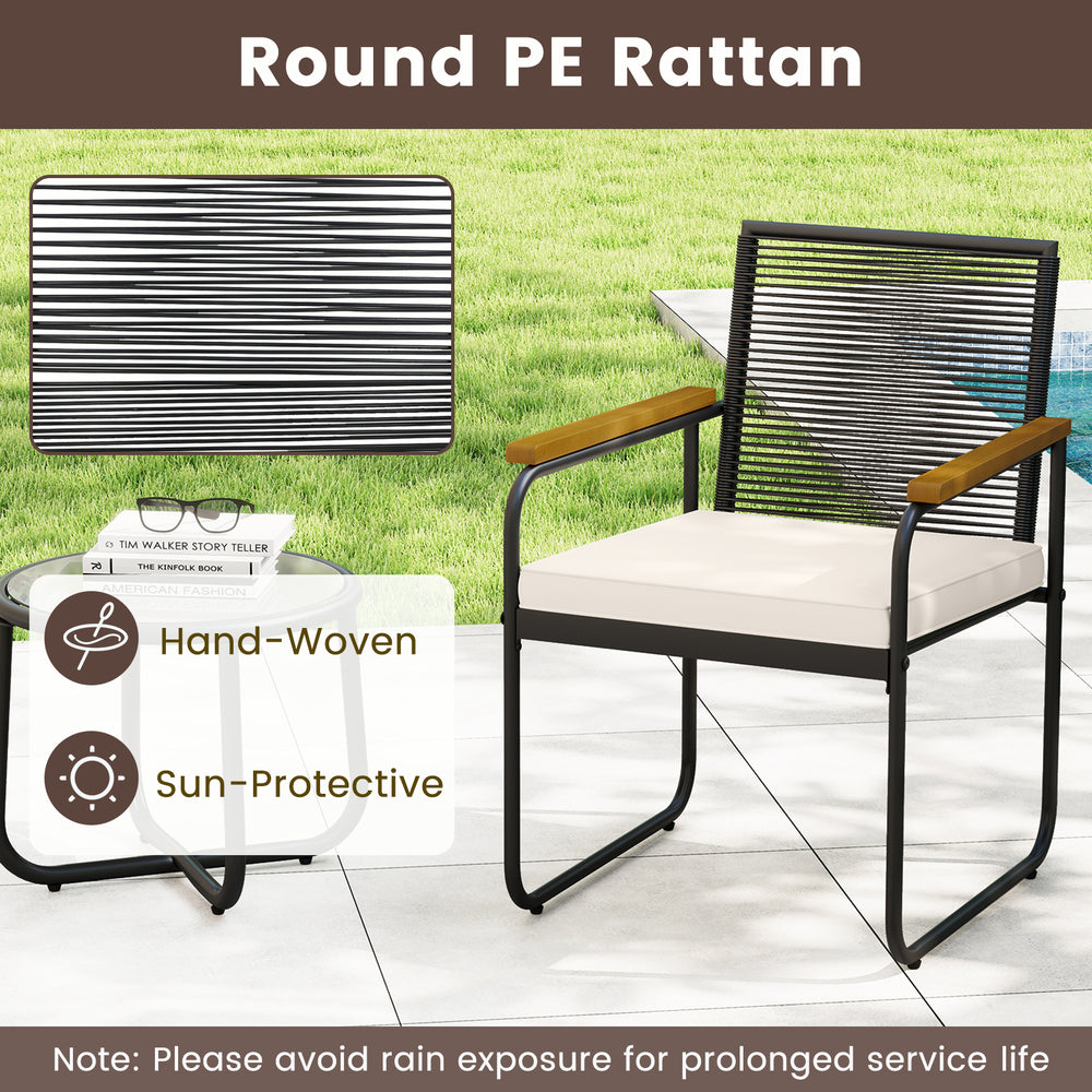 Hand-woven PE rattan patio chair with acacia wood armrests and sponge-filled cushion for outdoor comfort.