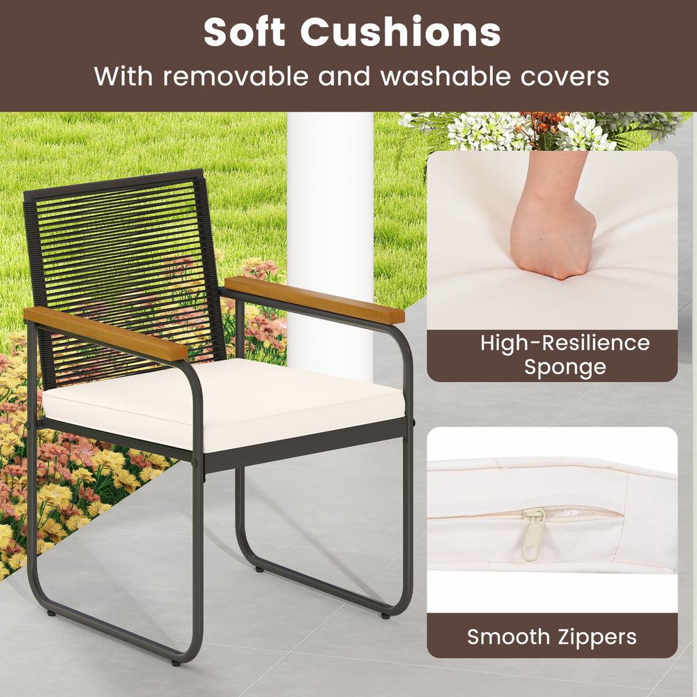 Patio chair with soft sponge cushion, PE rattan design, and acacia wood armrests, ideal for outdoor relaxation.