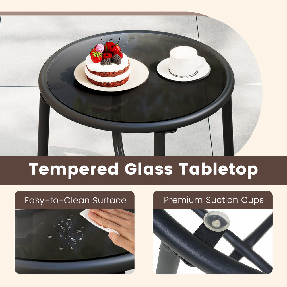 Round tempered glass tabletop with easy-to-clean surface and premium suction cups, ideal for patio or backyard use.