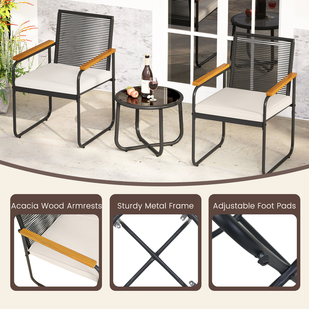 Close-up view of the acacia wood armrest on a patio chair with a sponge-filled cushion, designed for outdoor comfort.
